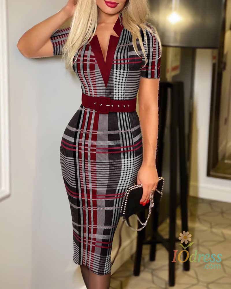 IO Dress Sexy Geometric Pattern V-Neck Midi Pencil Dress with Belt - Long Sleeve Knit Bodycon for All Seasons