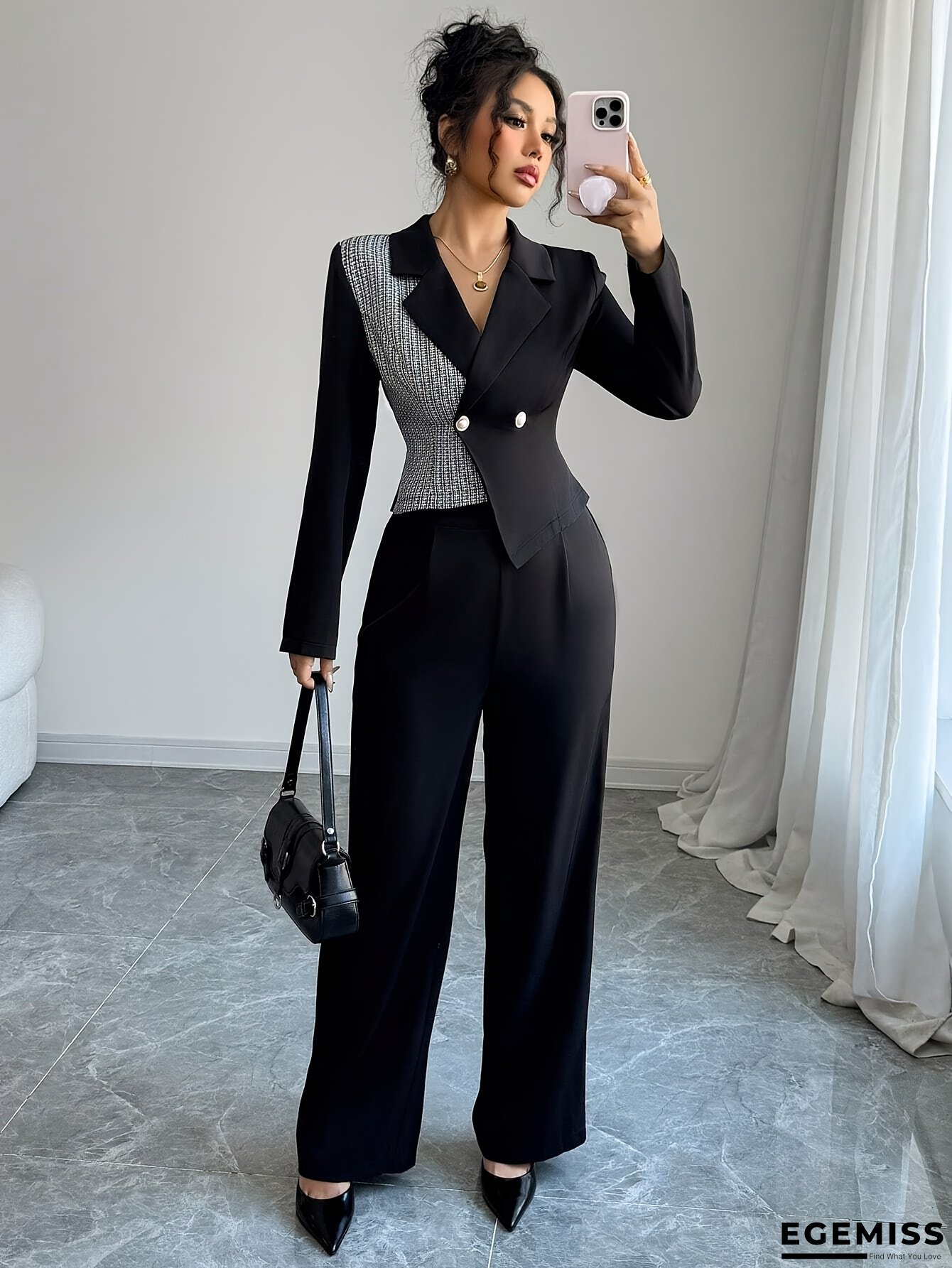 2pcs Elegant Women's Two-Tone Houndstooth Pants Set with Double-Breasted Suit Jacket | EGEMISS