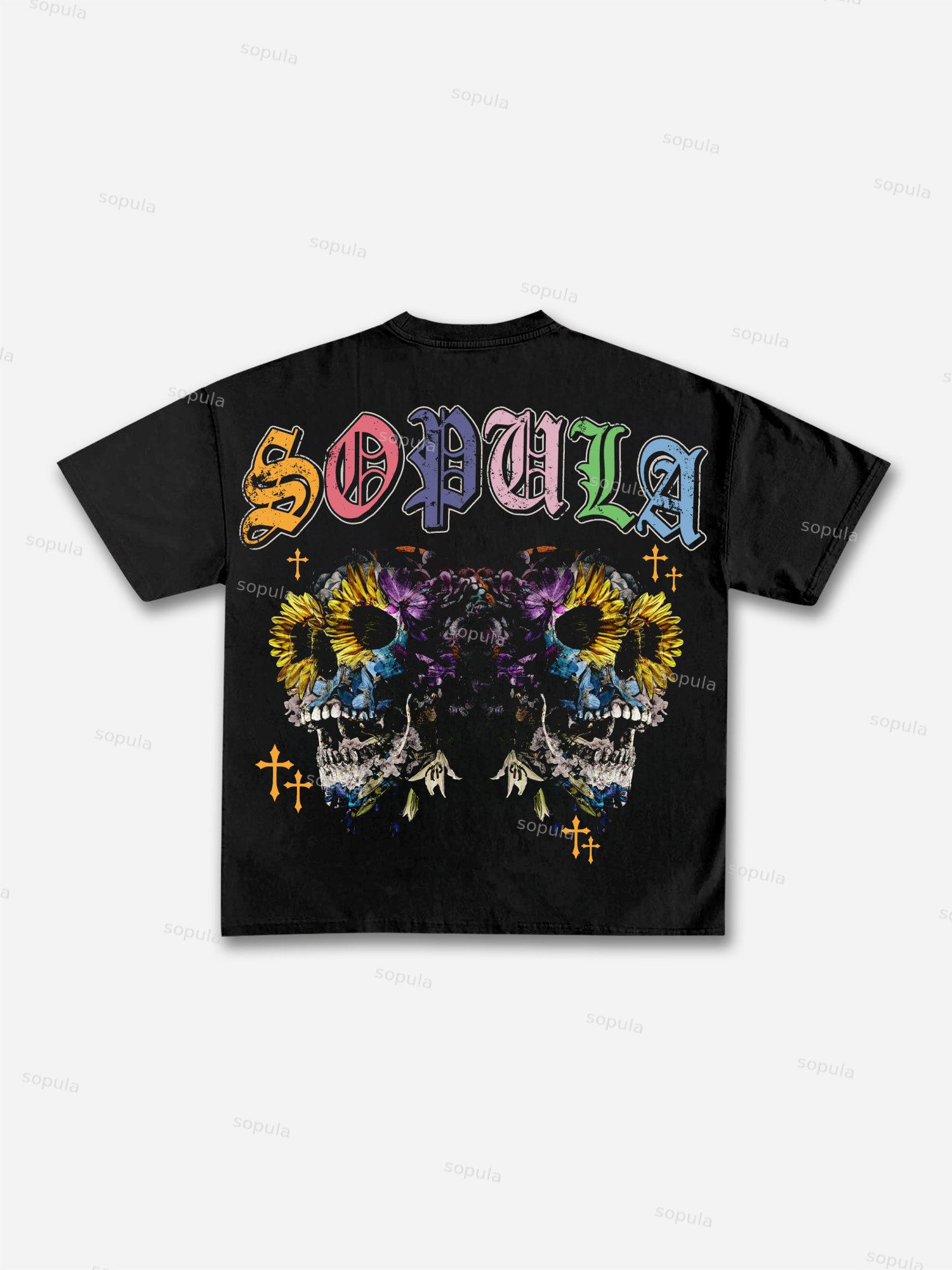 Colorful Gothic Skull Botanical Vintage Graphic Cotton T-shirt