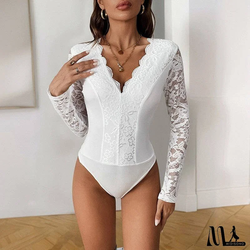 V-Neck Lace Trim Long Sleeve Jumpsuit In Solid Color