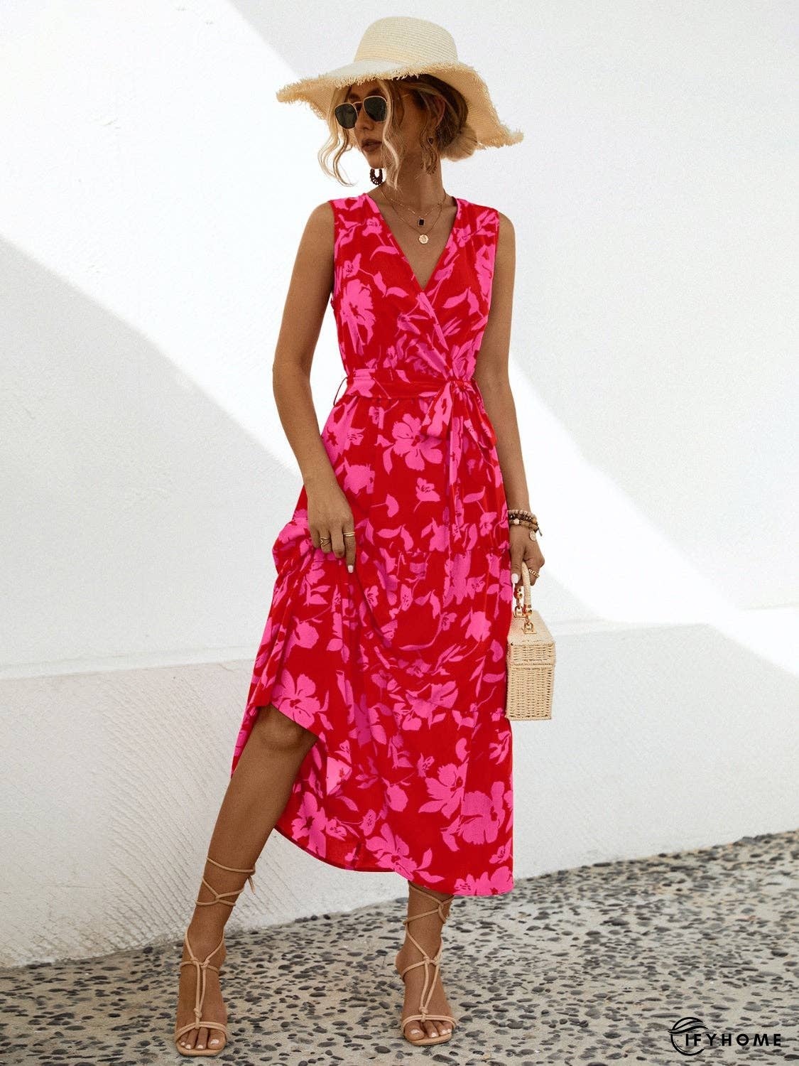 Tied Printed Surplice Tiered Dress | IFYHOME