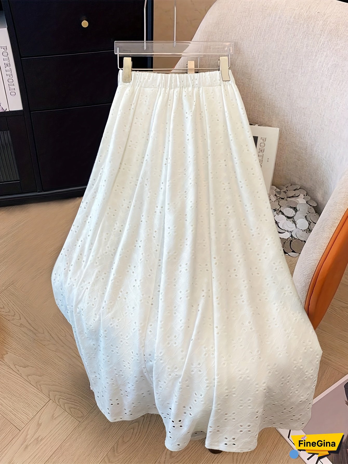 [White Elegant Maxi Skirt] White Elegant Eyelet Embroidered Women's Maxi Skirt | High-Waisted, Flowy Design for Spring/Summer | Polyester Blend, Machine Washable