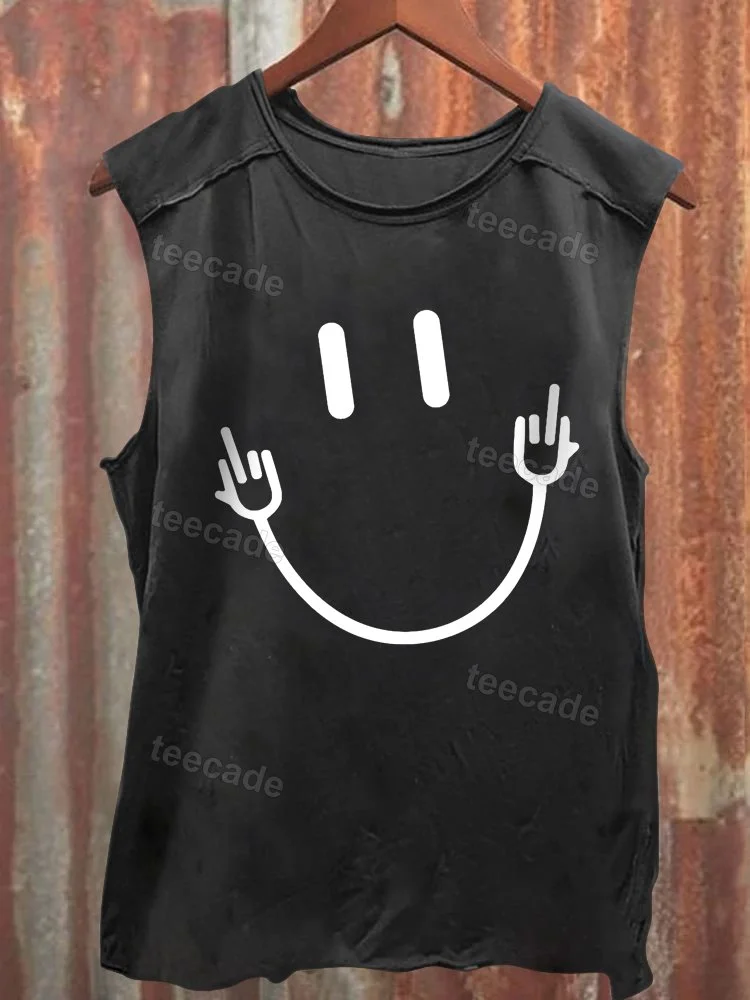 Teecade Teecade Smile Face Middle Finger Funny Sarcasm Meme Quote Tank Top