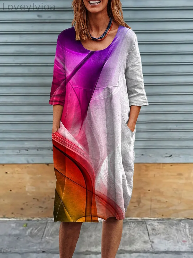 Womens Abstract Art Print Linen Pocket Tunic Dress