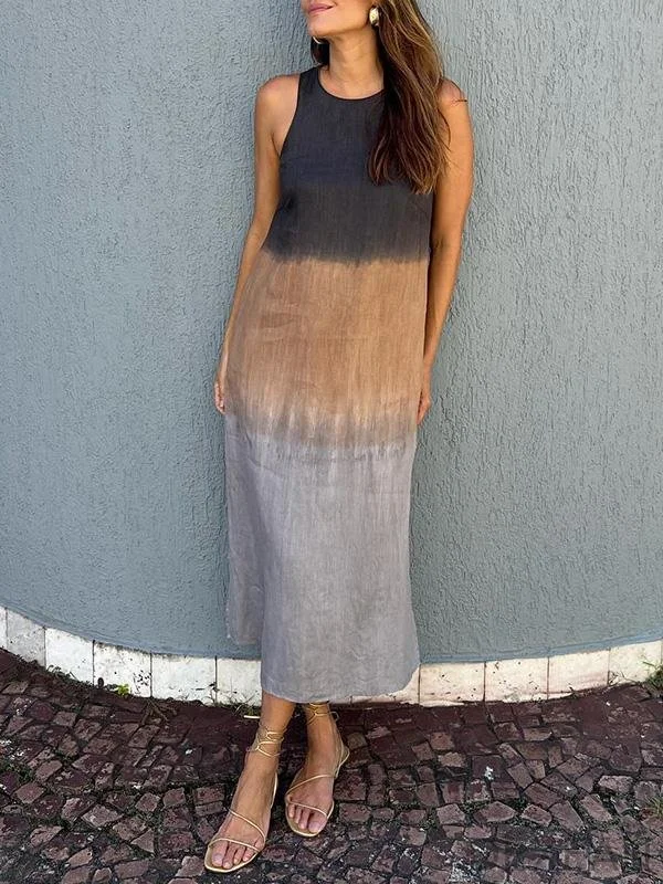 Women's casual cotton and linen sleeveless slit gradient tie-dye long dress