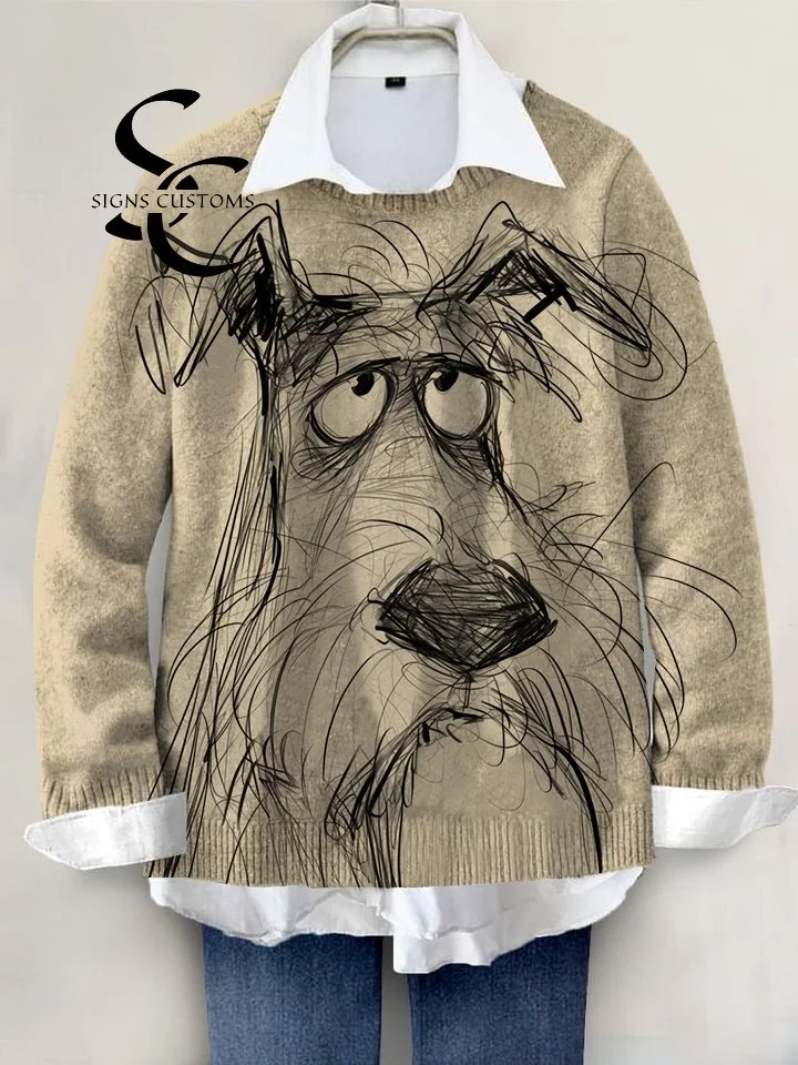 Hand-Painted Knit Pullover Sweater Featuring Adorable Dogs