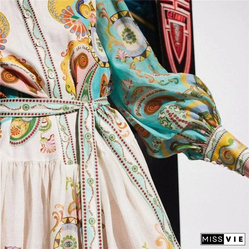 Floral Print Long Sleeve Tie-Waist Swing Dress