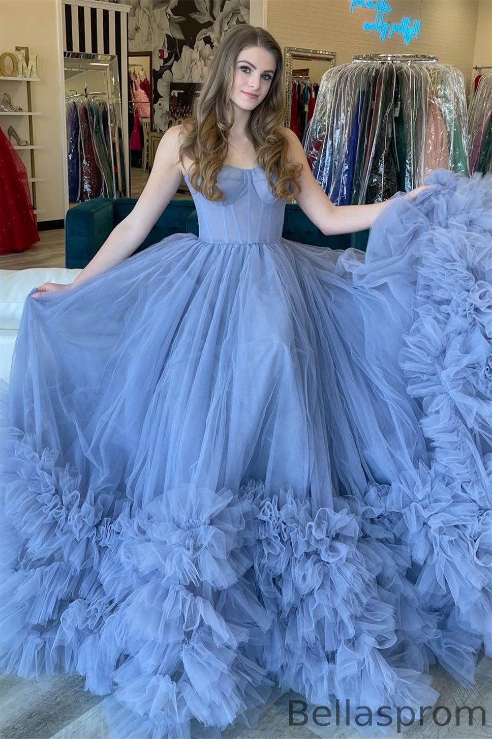 Bellasprom Dusty Blue Strapless Ball Gown Prom Dress With Tulle Ruffles Bellasprom