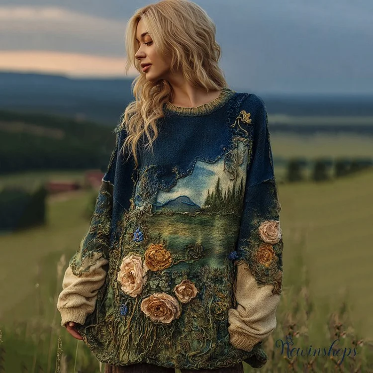 Vintage Landscape Oil Painting Inspiration Floral Art Flowy Sweater