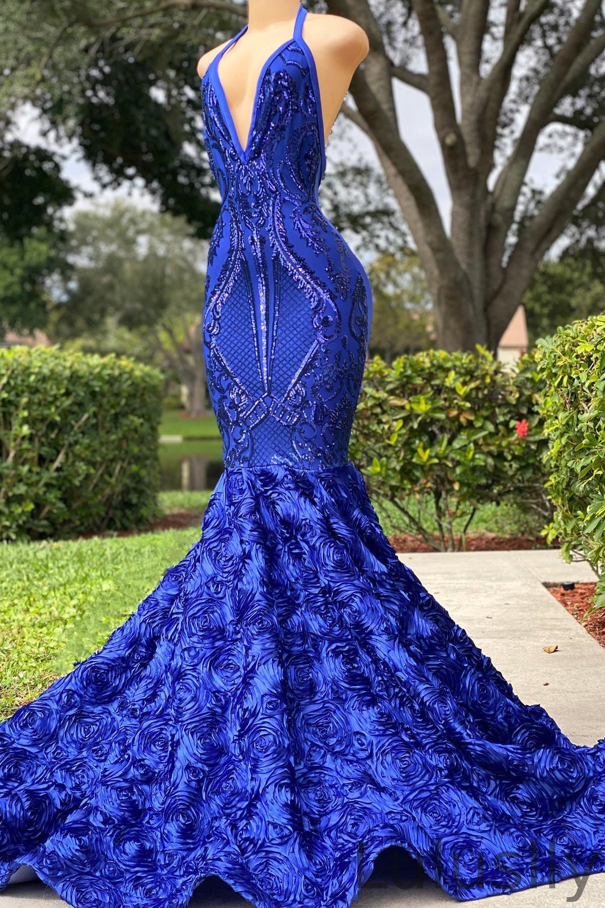 Luluslly Royal Blue V-Neck Prom Dress Mermaid Sequins Rose Bottom