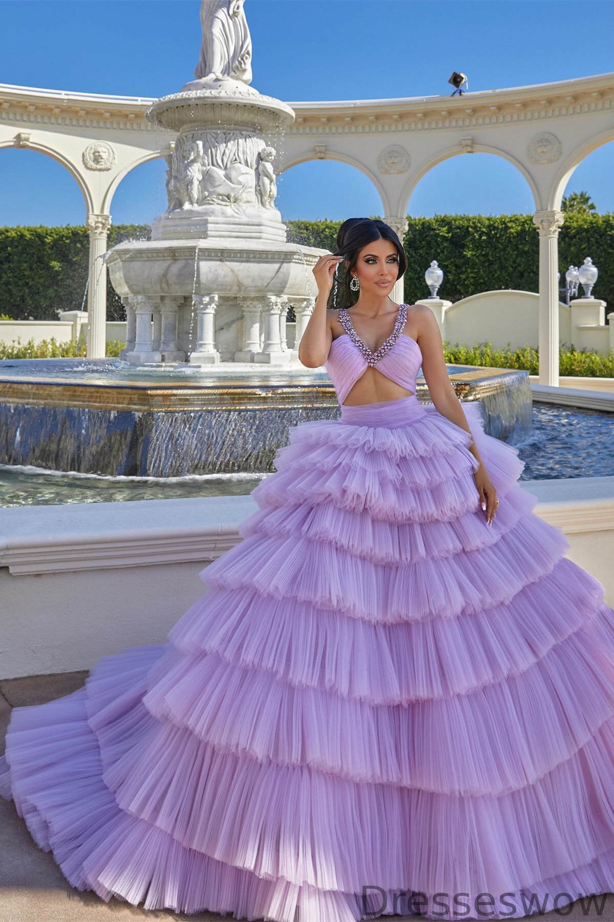 Dresseswow Lilac Tulle Layered Evening Dress Ball Gown Sleeveless With Crystal