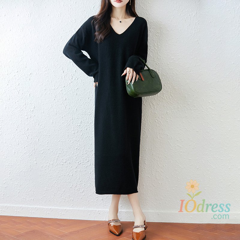 IO Dress 2025 Autumn/Winter New Women's Dress 100% Wool Women's V-neck Knitted Long Sweater Hoodie Fashion Women's Top