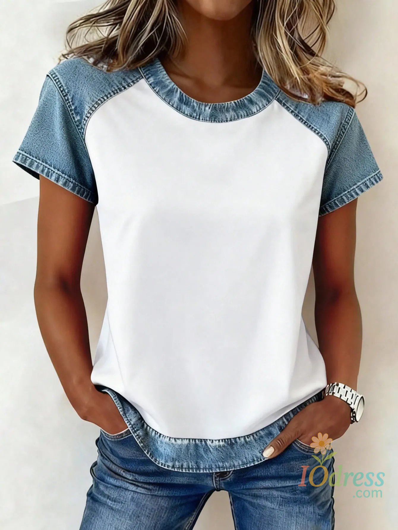 IO Dress 2026 Women's Summer New Fashion Round Neck Right Shoulder Casual Versatile Color Block Printed Short Sleeve Loose Top for Women IO Dress
