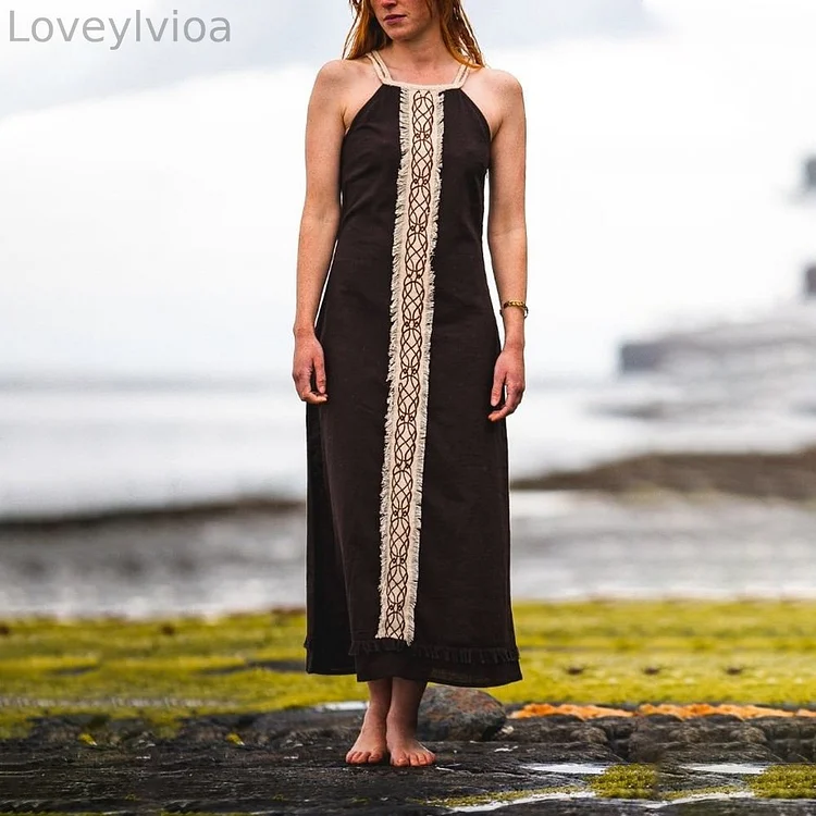 Tribal Celtic Witch Tassel Hemp Rope Cotton Linen Maxi Dress