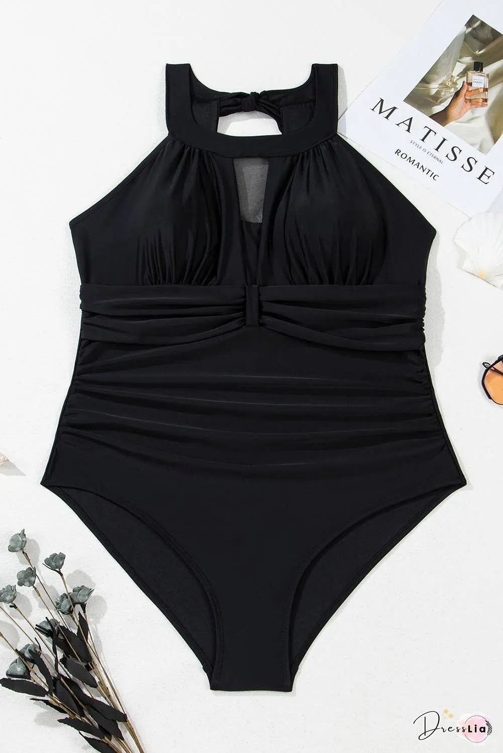 Halter Mesh Insert Knotted Back One Piece Plus Size Swimsuit