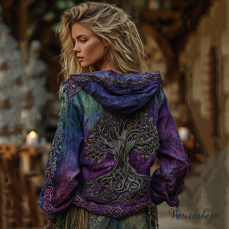 Women's Classic Viking Tree Of Life Art Gradient Comfort Hooded Linen Shirt