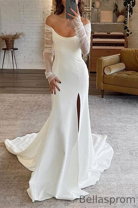 Bellasprom Off-the-Shoulder Long Sleeves Mermaid Wedding Dress Side Slit With Pearls Bellasprom