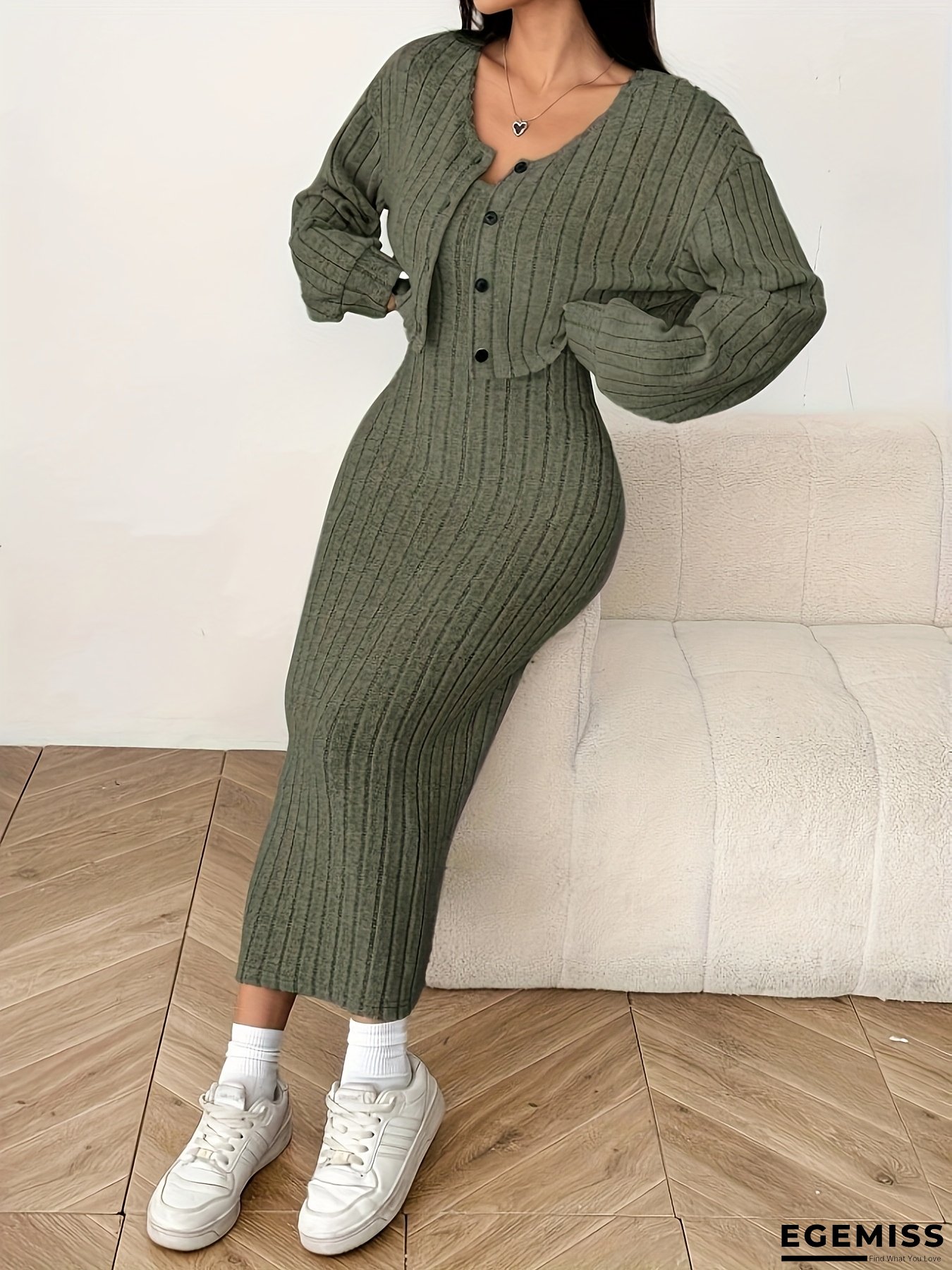 Women's Casual Black Ribbed Bodycon Dress with Cardigan - Square Neck, Long Sleeve, High-Waisted, White Sneakers, All-Season Versatile Outfit, High Waisted Dress | EGEMISS