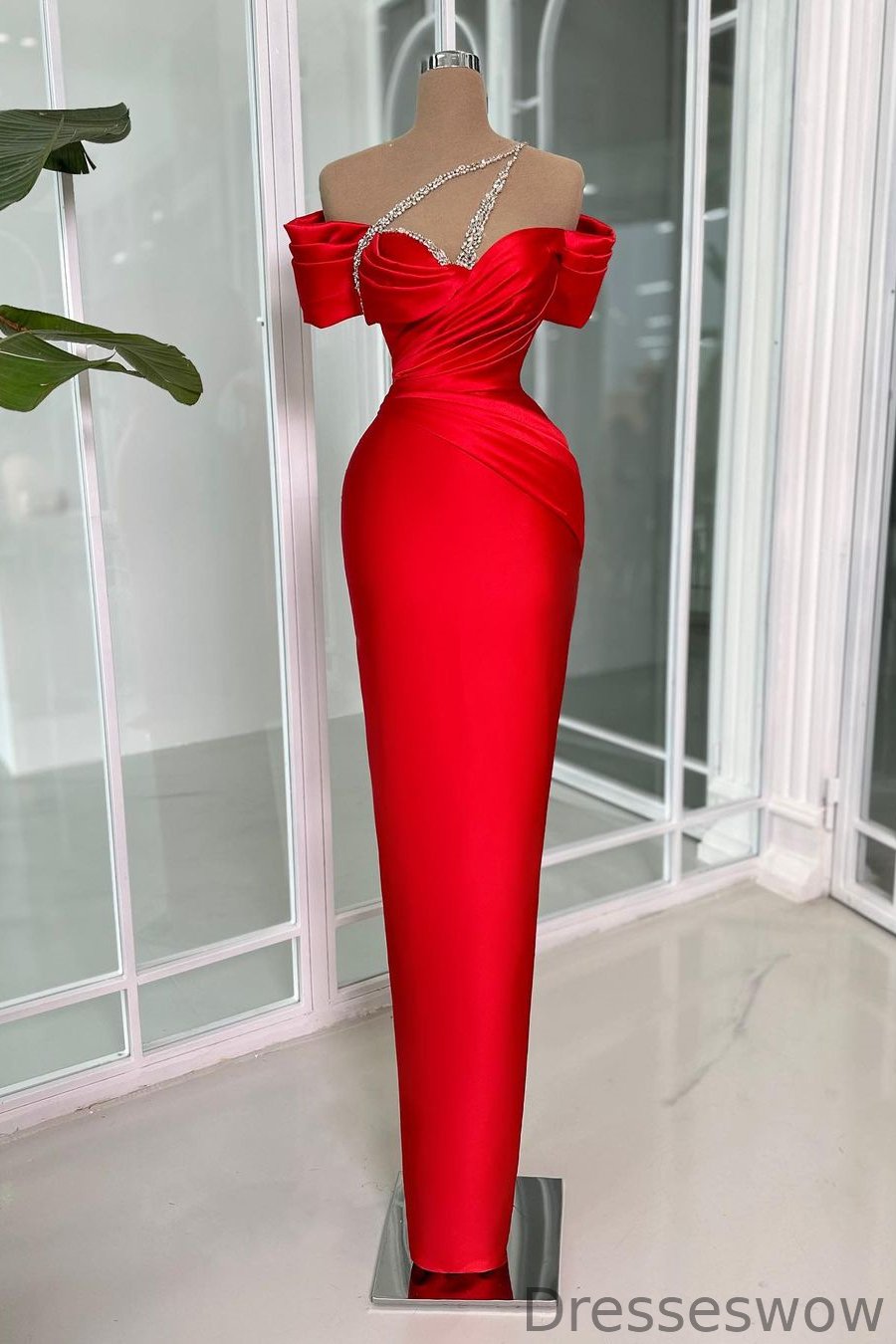 Dresseswow Red Off-the-Shoulder Sleeveless Mermaid Prom Dress With Beadings Online