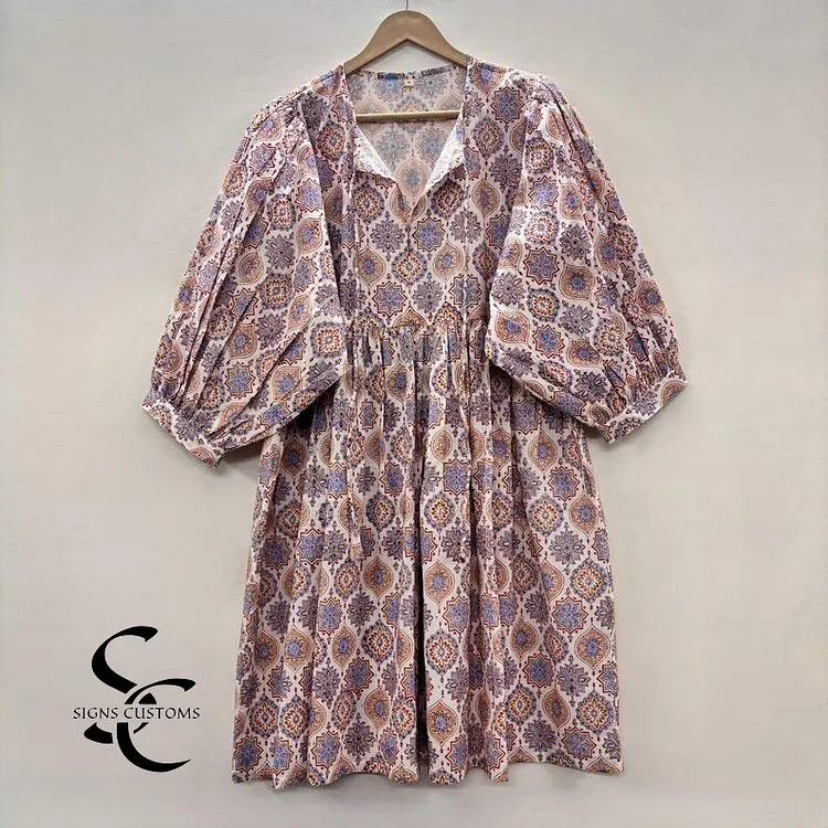 Green Floral Block Print Soft Cotton Woman Midi Dress &ndash; Summer Tunic for Women with String Closure