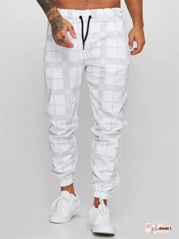 Men's New Square Plaid 3D Digital Printing Casual Pants Fitness Leggings Drawstring Pants