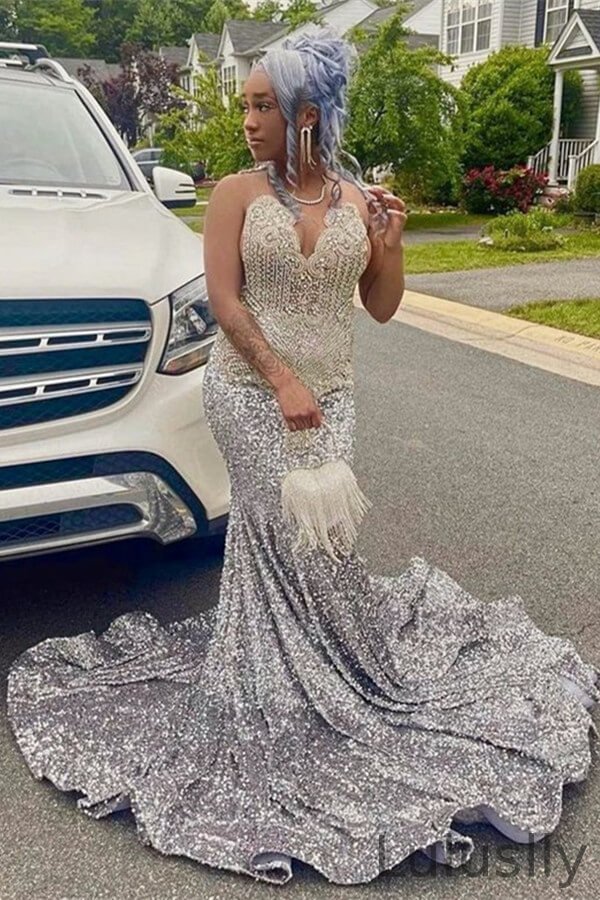 Luluslly Silver Sweetheart Sleeveless Mermaid Prom Dresses With Sequins Beadings