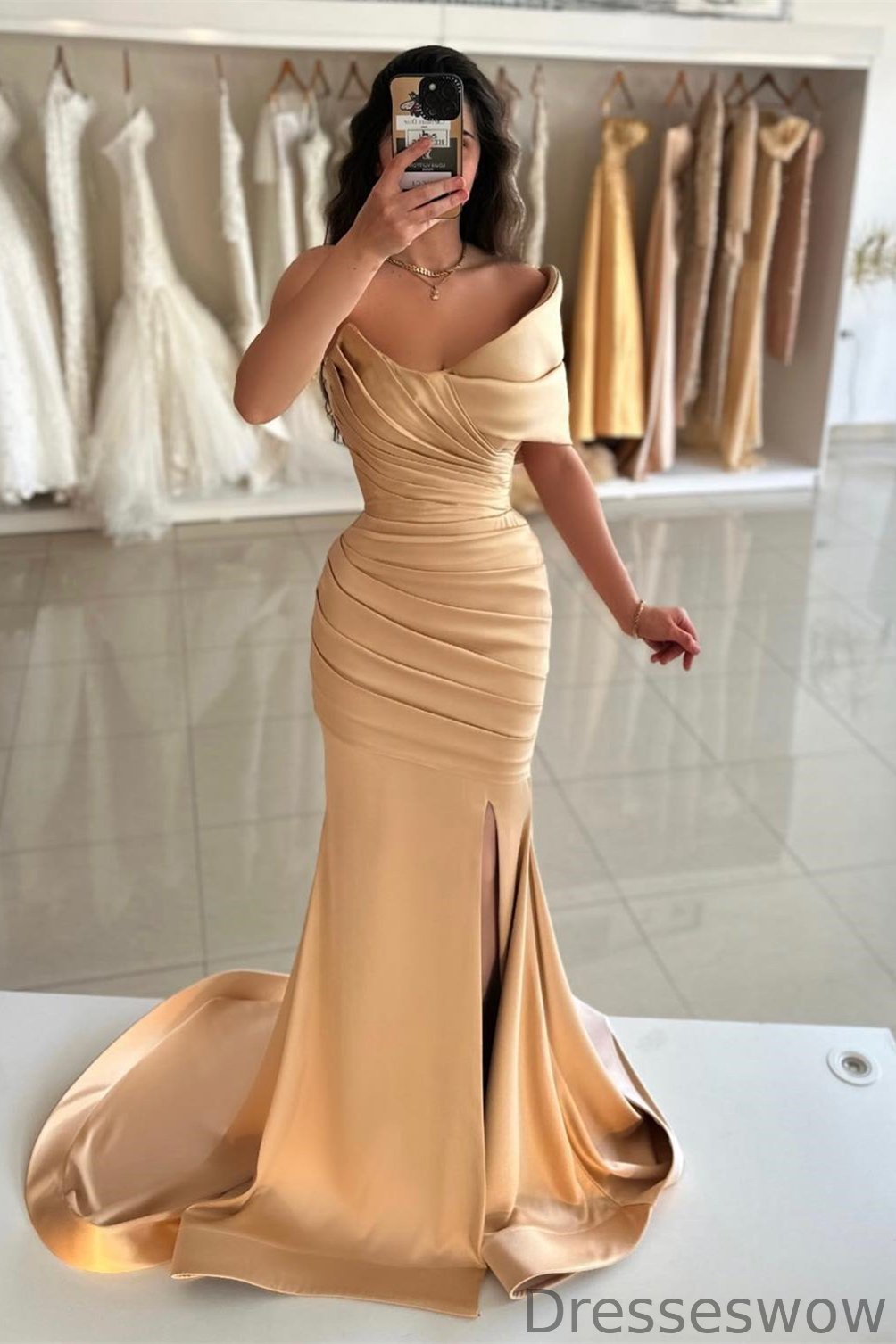 Dresseswow Champagne Mermaid Prom Gown With Split Pleats One Shoulder
