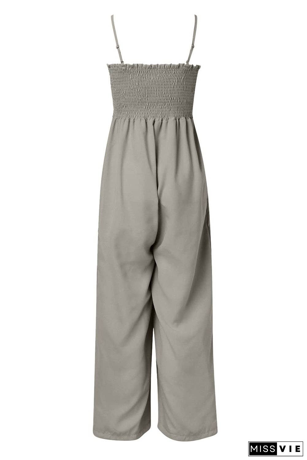 Smocked Spaghetti Strap Wide Leg Jumpsuit - Pocketed