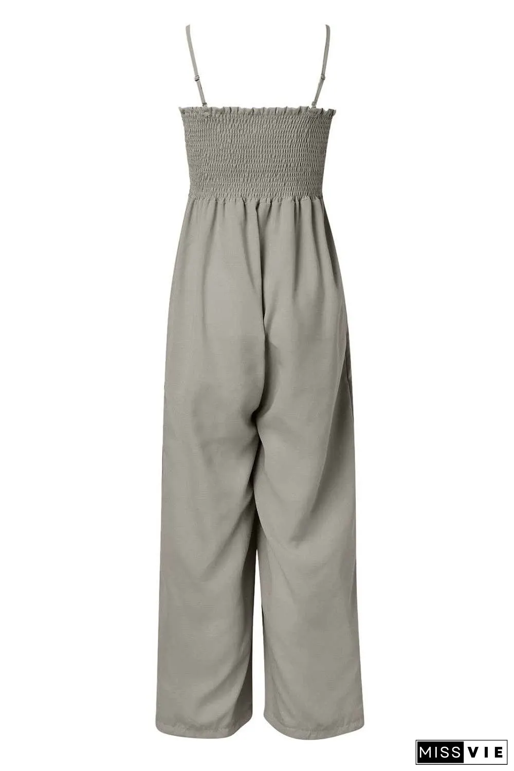 Smocked Spaghetti Strap Wide Leg Jumpsuit - Pocketed