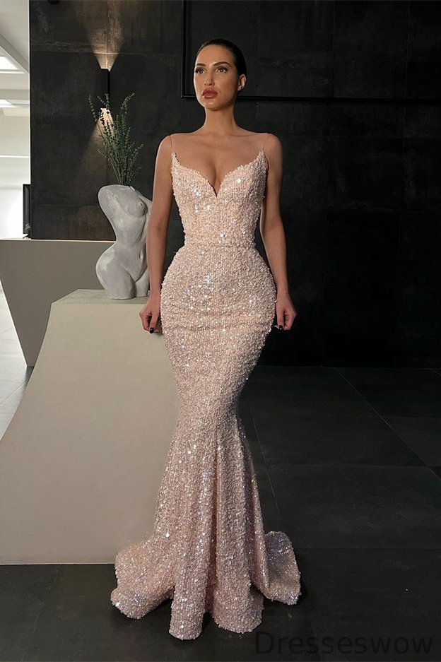 Dresseswow Spaghetti-Straps Mermaid Evening Dress Sequins Long