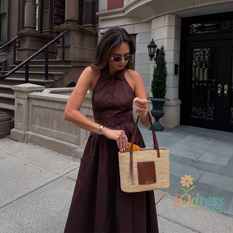 IO Dress Elegant Halter Belt Single Breasted Long Dress Women Sleeveless Backless Pocket Slim Pleated Dresses 2025 Summer Lady Streetwear IO Dress