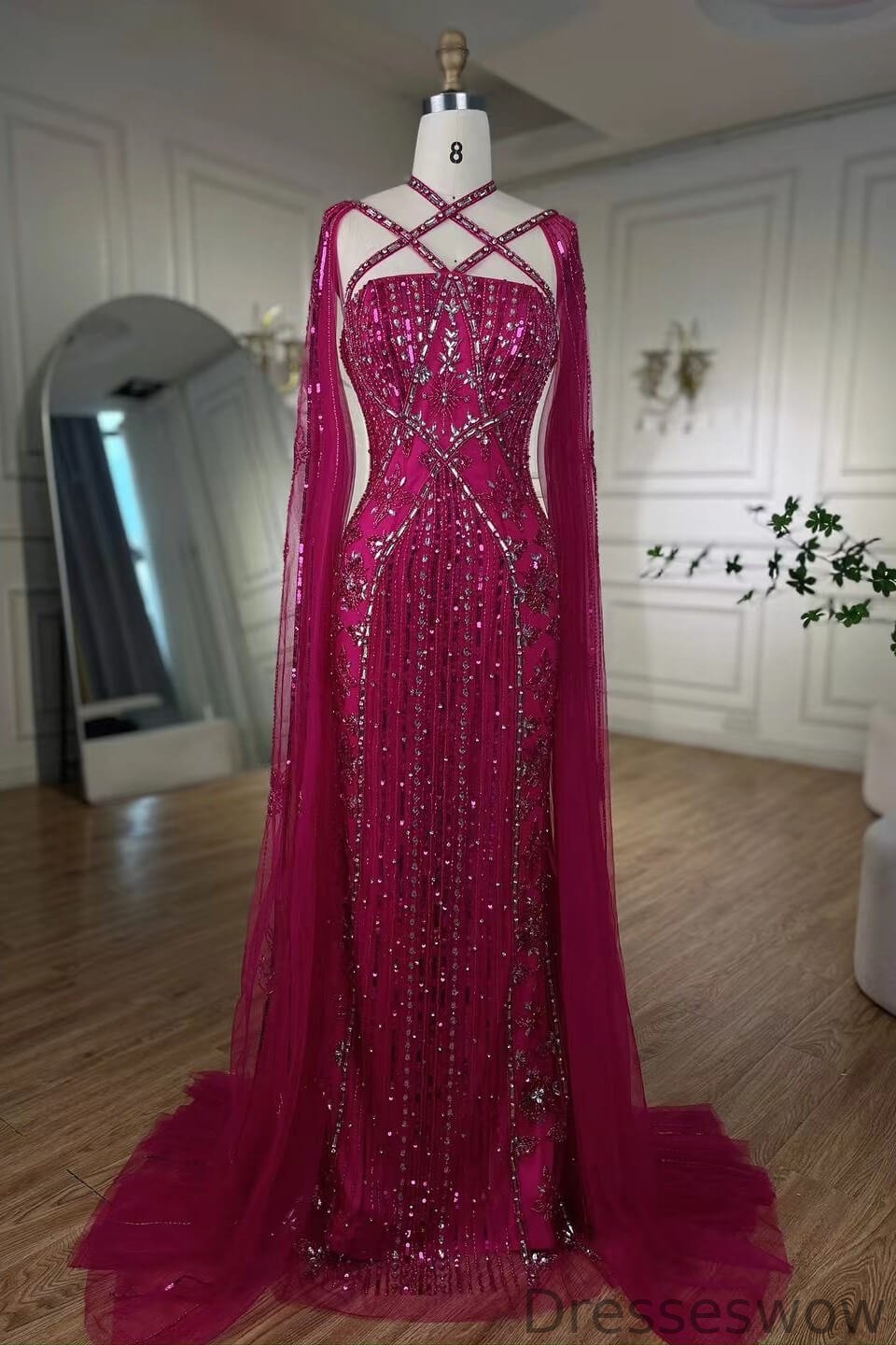 Dresseswow Fuchsia Crystal Mermaid Evening Party Dresses Long With Tulle Ruffles