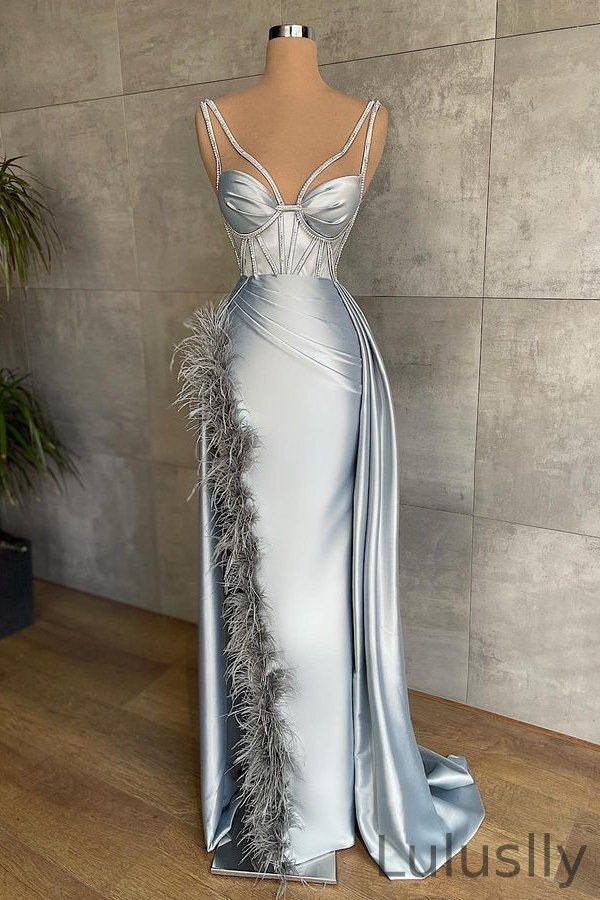 Luluslly Silver Grey Sleeveless Mermaid Prom Dress Long WIth Feather