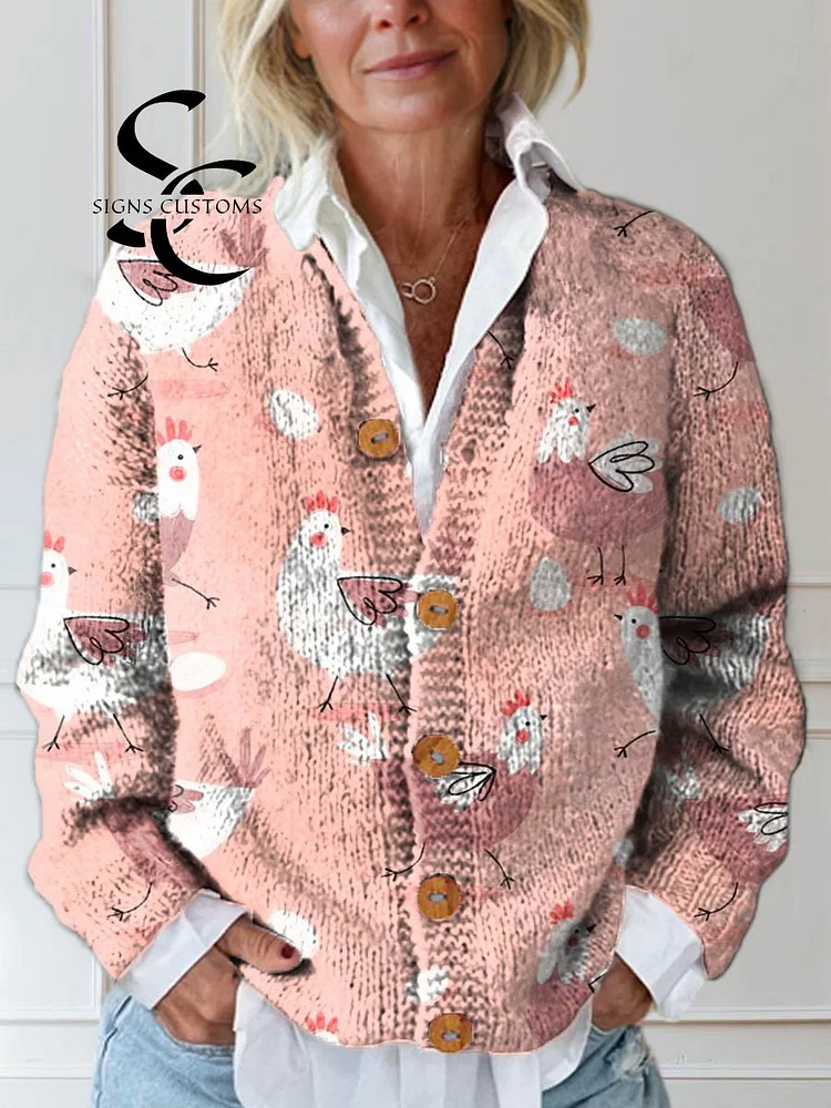 Women's Lovely Chicken Pattern Art Print Buttoned Cardigan Sweater