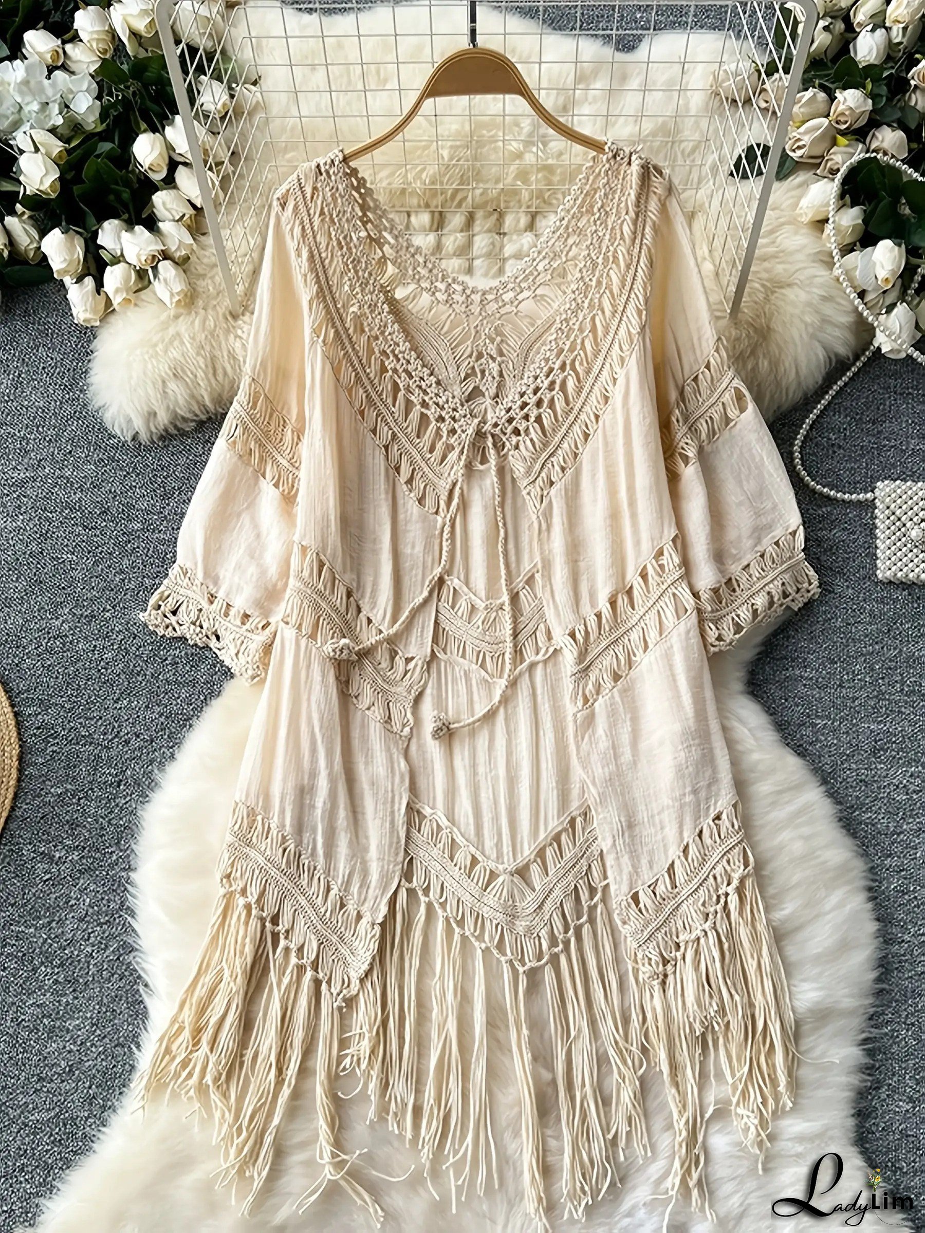 Women's Boho Beach Cover-Up Dress With Crochet Lace V-Neck & Fringe Hem - Versatile Resort Wedding Guest Dress, Semi-Sheer Tassel Maxi Dress For Poolside To Evening Outfits, Boho Dresses For Women, Bohemian Dresses For Women, Bohemian Clothes For Women