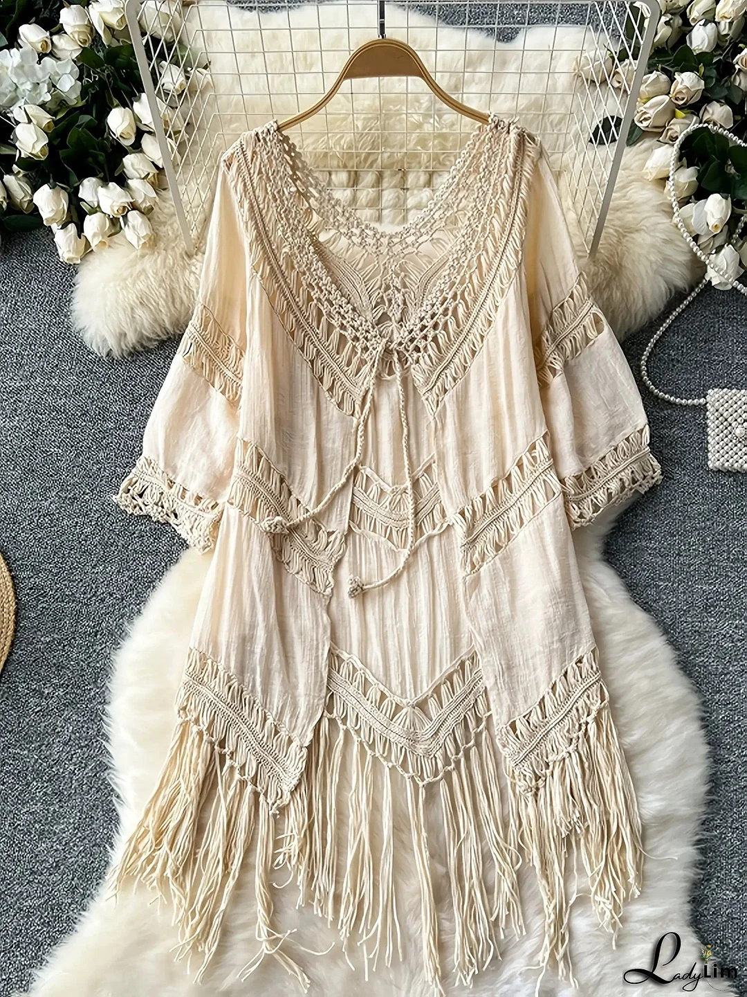 Women's Boho Beach Cover-Up Dress With Crochet Lace V-Neck & Fringe Hem - Versatile Resort Wedding Guest Dress, Semi-Sheer Tassel Maxi Dress For Poolside To Evening Outfits, Boho Dresses For Women, Bohemian Dresses For Women, Bohemian Clothes For Women