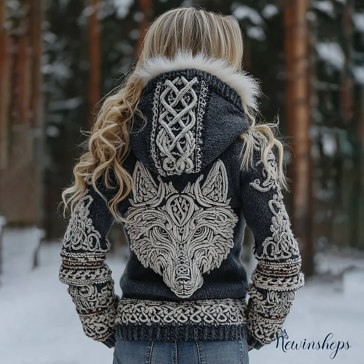 Women's Retro Viking Wolf Jacquard Hooded Knit Sweater Jacket