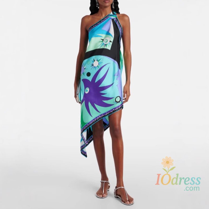 IO Dress Vestidos Mujer Sexy One-shoulder Straps Dress Woman Spring Print Irregular Satin Dress Summer Skew Collar Vacation Beach Dresses