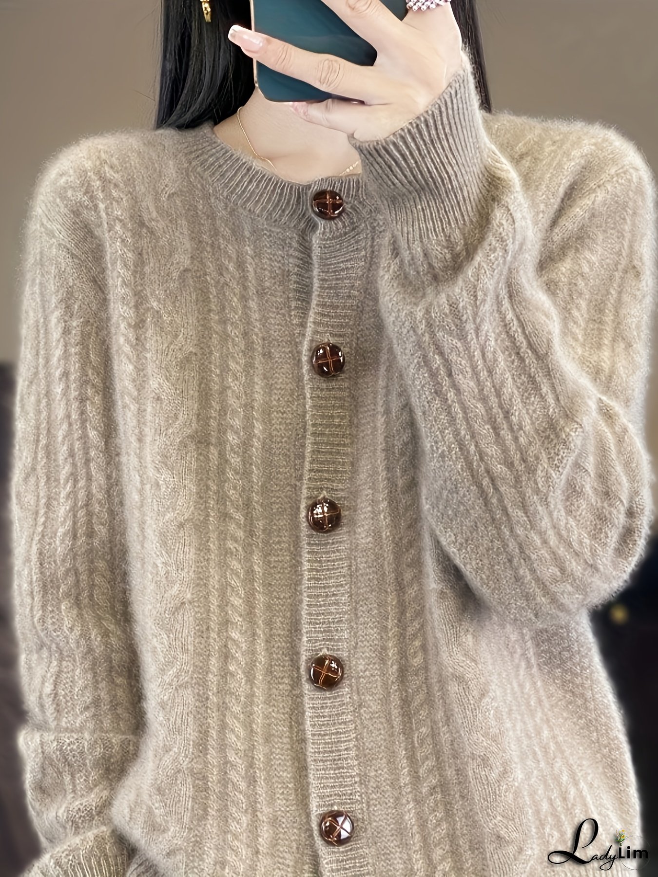 Women's Elegant Sweater - Beige/Brown Button-Front cardigan, Long Sleeve Sweater for Spring/Fall, Office, Casual, Formal Events - Machine Washable Chic Sweater Coat