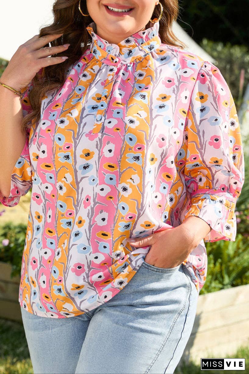 Plus Size Floral 3/4 Sleeve Spring Blouse