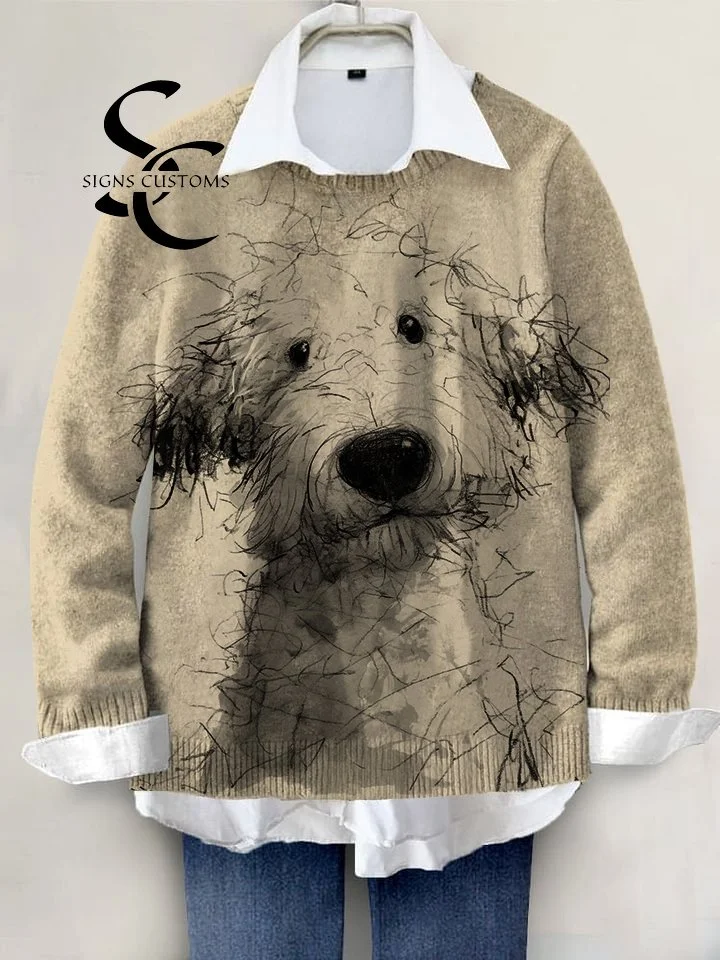 Hand-Painted Knit Pullover Sweater Featuring Adorable Dogs