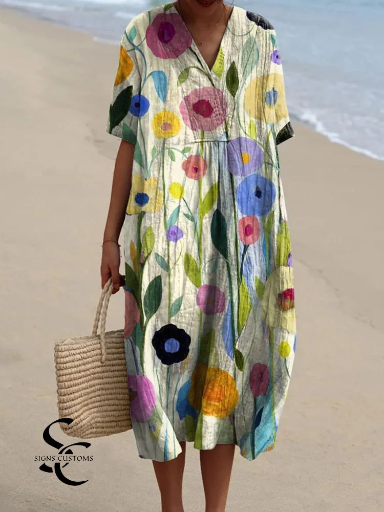 Women's Flowy Dress Featuring an Oil Painting Spring Meadow Print