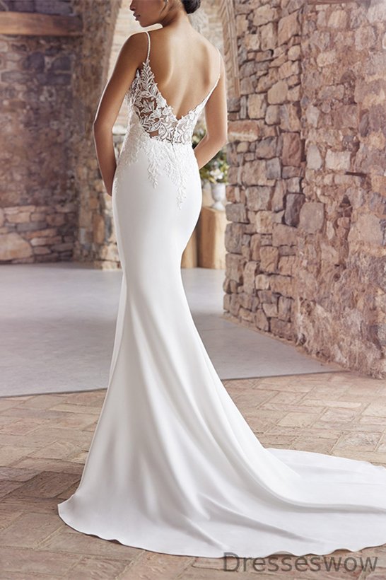 Dresseswow Spaghetti-Straps V-Neck Sleeveless Mermaid Wedding Dress With Lace Appliques