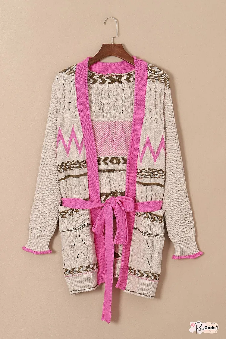 Geometric Cable Knit Pocketed Open Front Cardigan