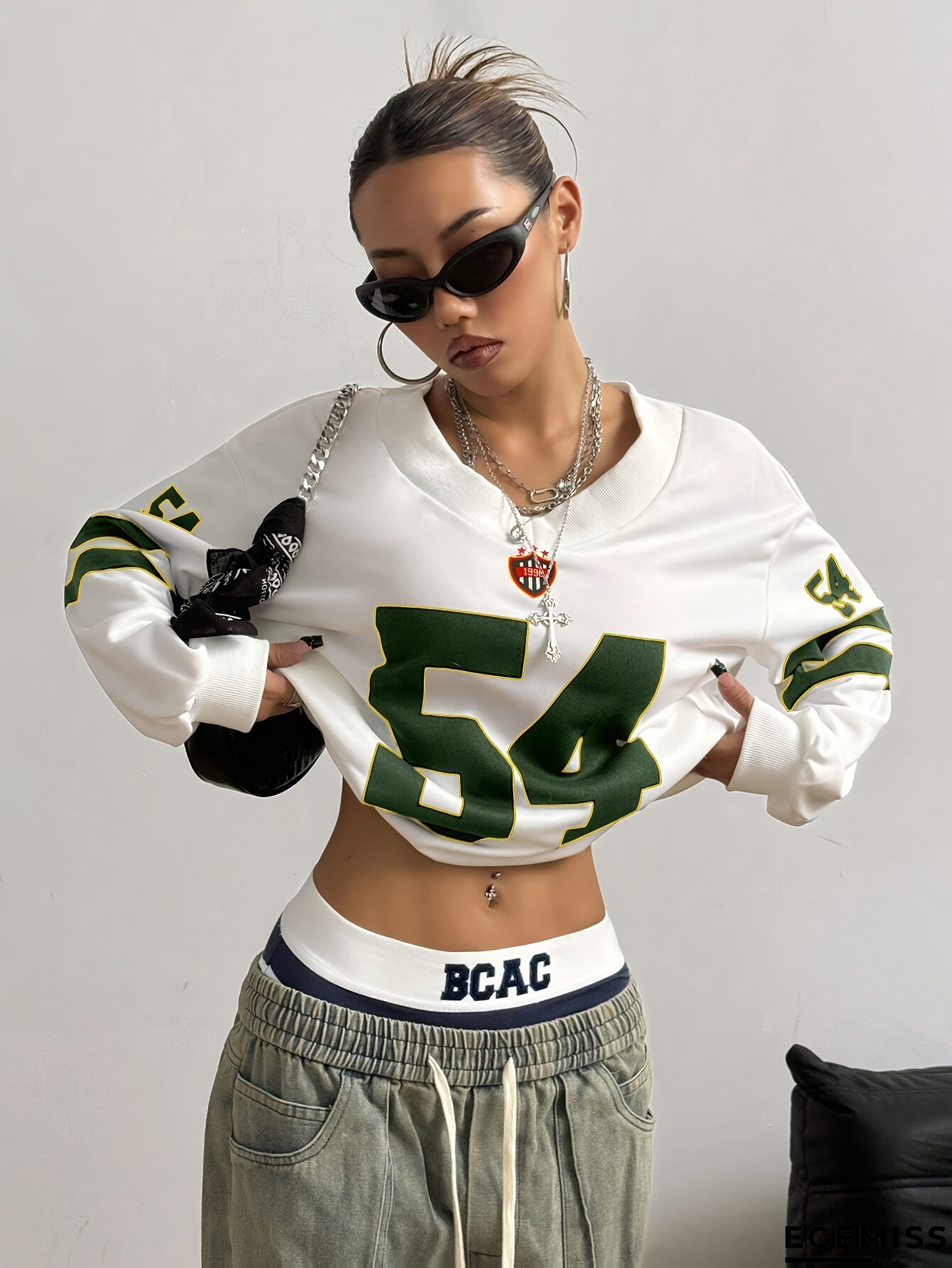 Women's Oversized White & Green Letter Print V-Neck Sweatshirt - Casual Loose Fit Long Sleeve Pullover with Number 54 Graphic, Green Stripe & White Contrast, Machine Washable All-Season Comfort for Casual Attire, Digital Print, Relaxed Fit | EGEMISS