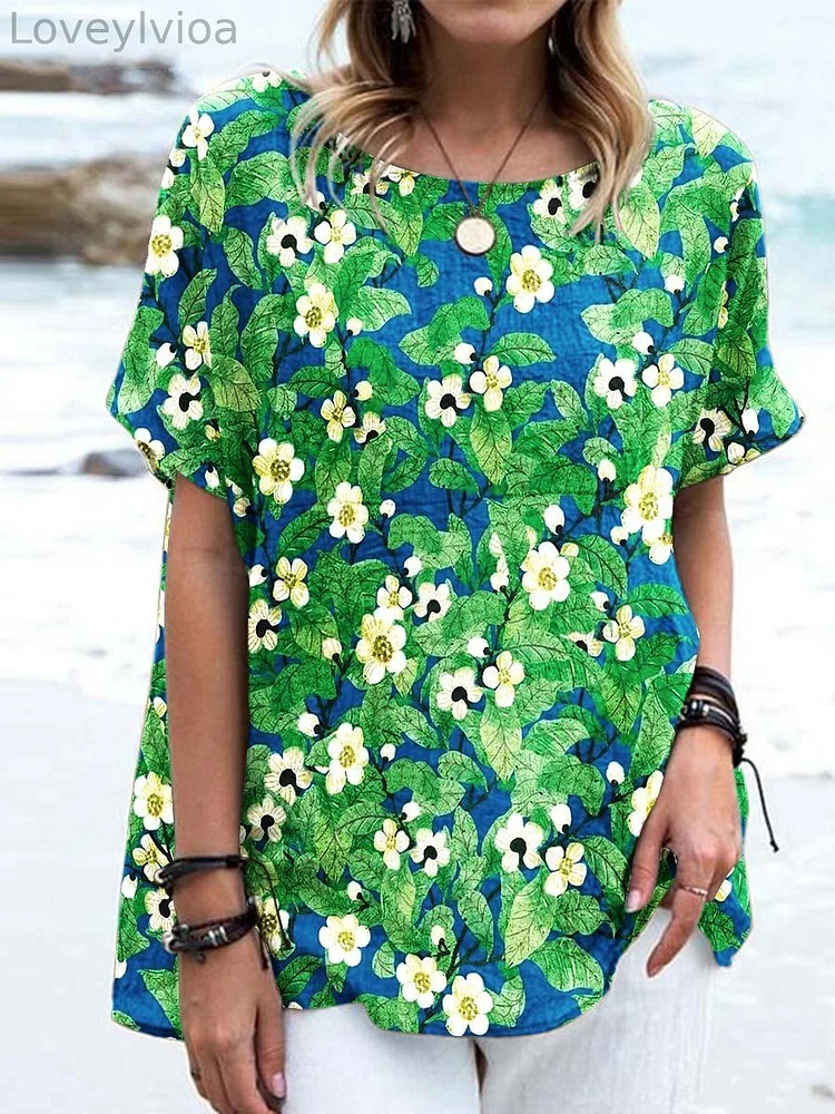 Women's Floral Art Print Linen Casual Top