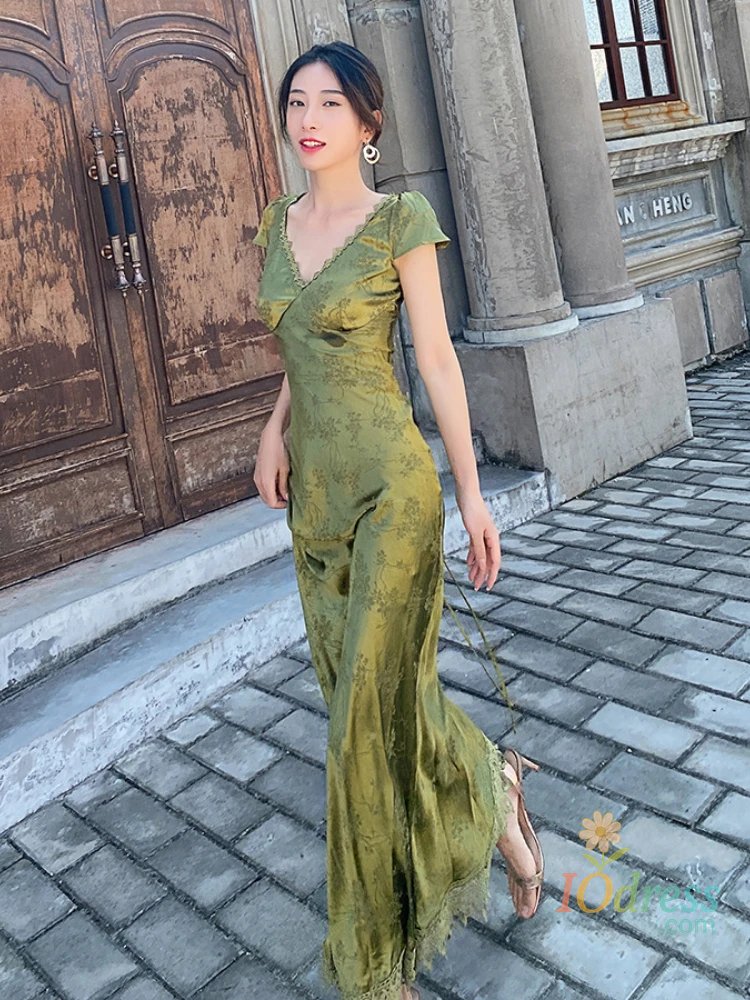 IO Dress 2025 New Summer Women's Long Dress Turquoise Green V-neck Backless Satin Jacquard Slim Elegant Party Evening Sexy Female Dresses