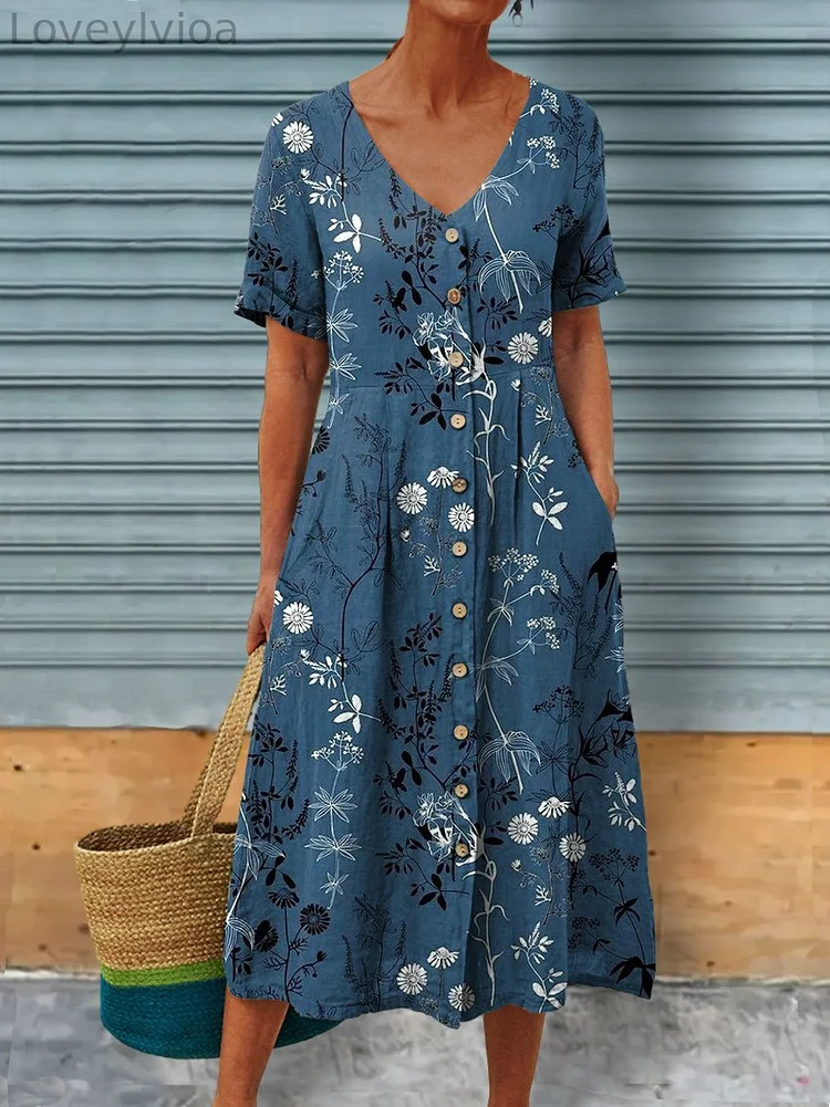 Flower Art Printed Women's Linen Pocket Tunic Dress