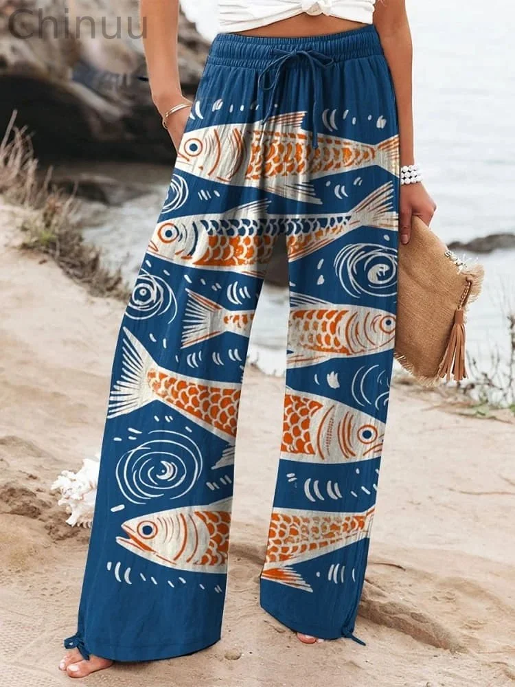 Women's Vintage Lovely Fish Art Printed Cotton And Linen Casual Pants