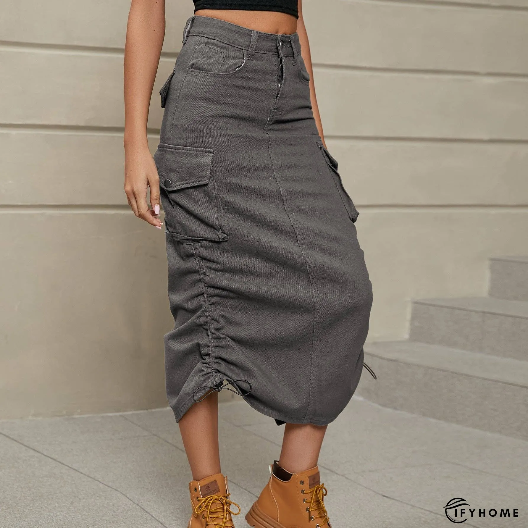 Drawstring Ruched Slit Denim Midi Skirt | IFYHOME